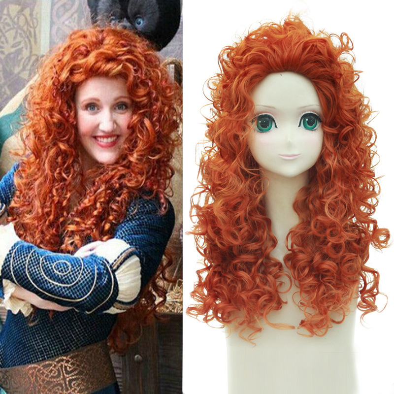 Anime Cosplay Orange Hair - ブレイブ凡例コスプレウィッグ、メリダプリンセス、ロングカーリーヘア、合成毛、アニメウィッグ、オレンジ