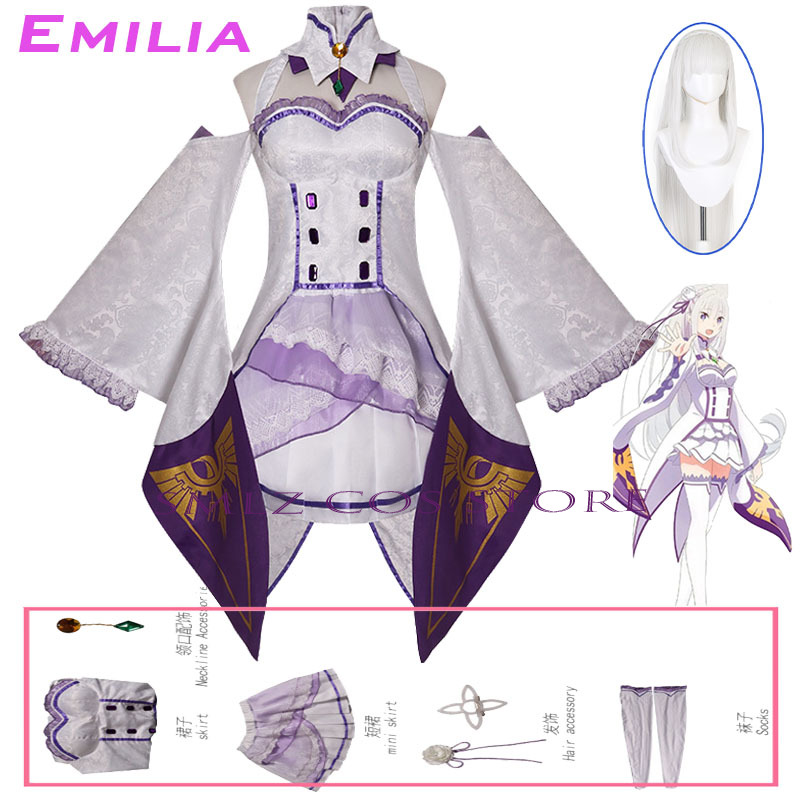 Anime Cosplay Outfit - エミリアコスプレアニメ再ゼロカラハジメル異世界生活衣装白制服ドレスウィッグセットハロウィンパーティー衣装女性用