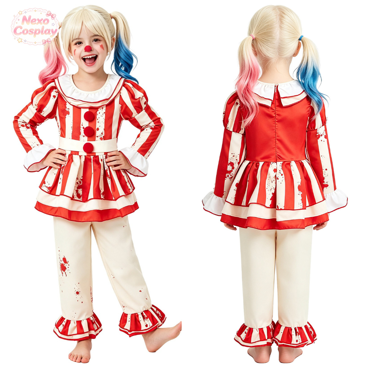 Anime Cosplay Red - 子供赤白ストライプホラークラウンスーツハロウィンコスプレ衣装ハロウィンプレイロール服衣類