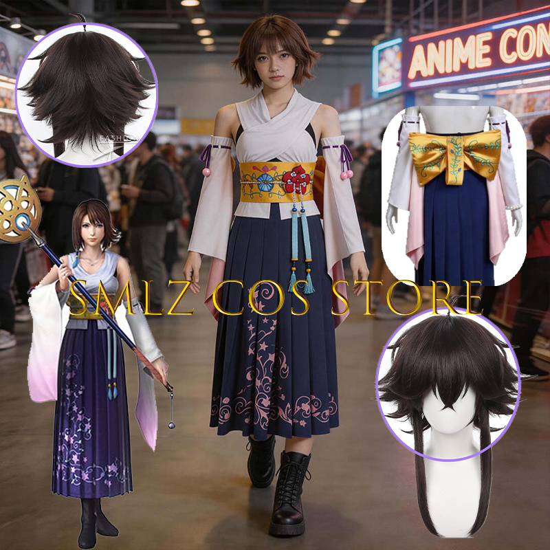 Anime Cosplay Outfit - Smlz FFX ユナコスプレアニメ FF10 X 衣装女性あなたナ着物ドレス小道具ウィッグセットハロウィンパーティー演劇衣装