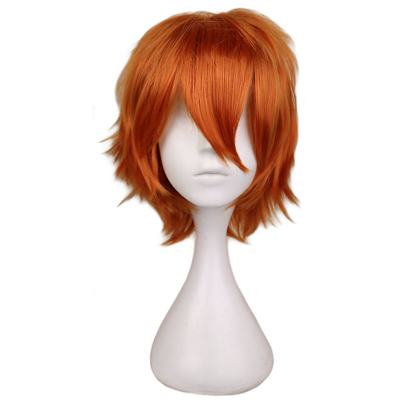 Anime Cosplay Orange Hair - 男性と女性のための短いオレンジ色のかつら,コスプレ衣装,ハロウィーンの人工毛,自然な波状