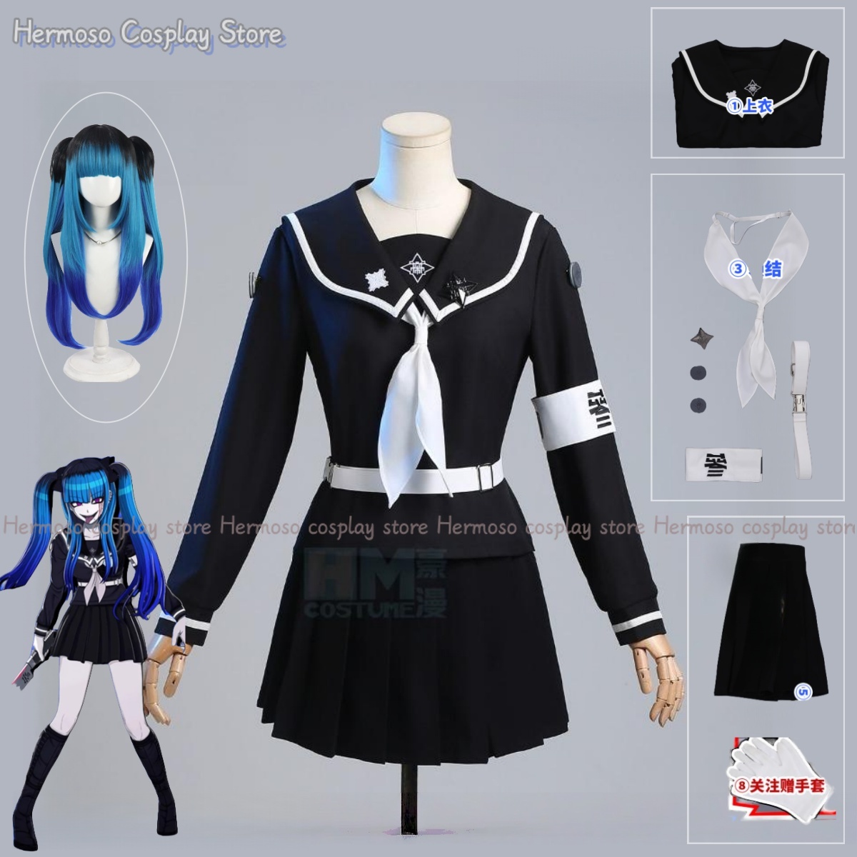 Anime Cosplay Black Girl - アニメゲーム百人の日本少女アメミヤダルミコスプレゴス制服ウィッグ黒ミニドレスロリータハロウィンスーツ