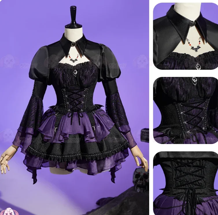 Anime Cosplay Lolita - 女性用ハロウィンファンタジーユニフォームロリータコスプレ衣装セット、ドレスソックスとブローチ付き、甘いエリザバットモンスターをテーマにしたパーティー用