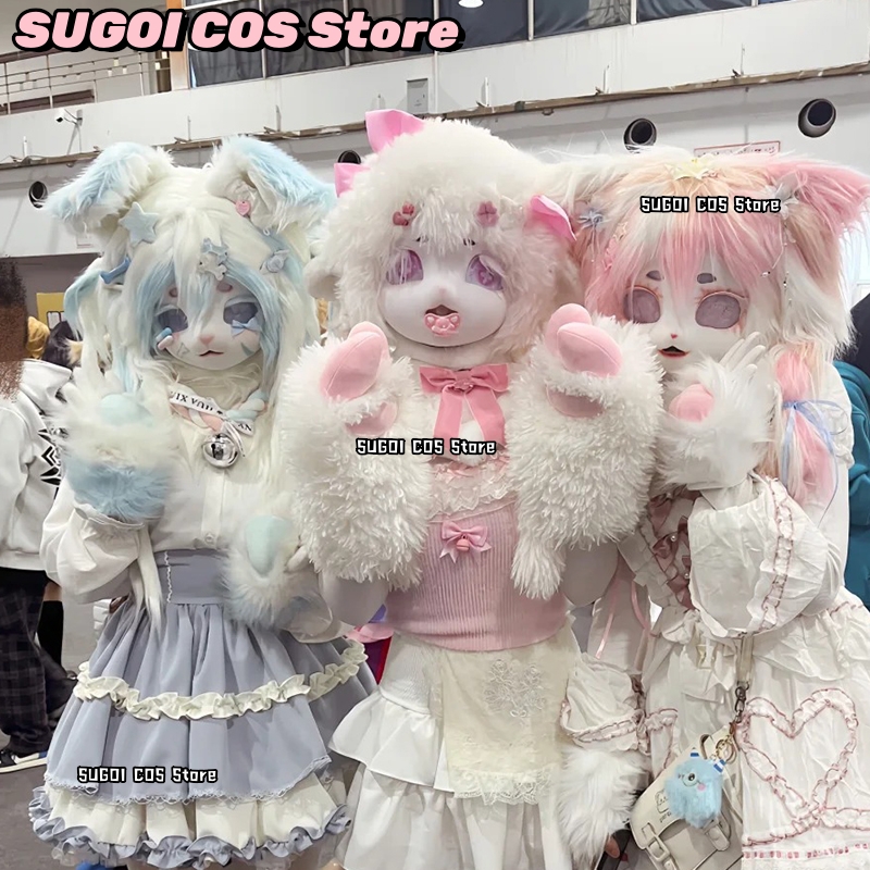 Anime Cosplay Mask - aBcSCS*ファーコスチュームヘッド着ぐるみキュートファーマスクコスプレヘルメット犬スタイル足尻尾ファーヘッドベース猫動物アクセサリー手袋