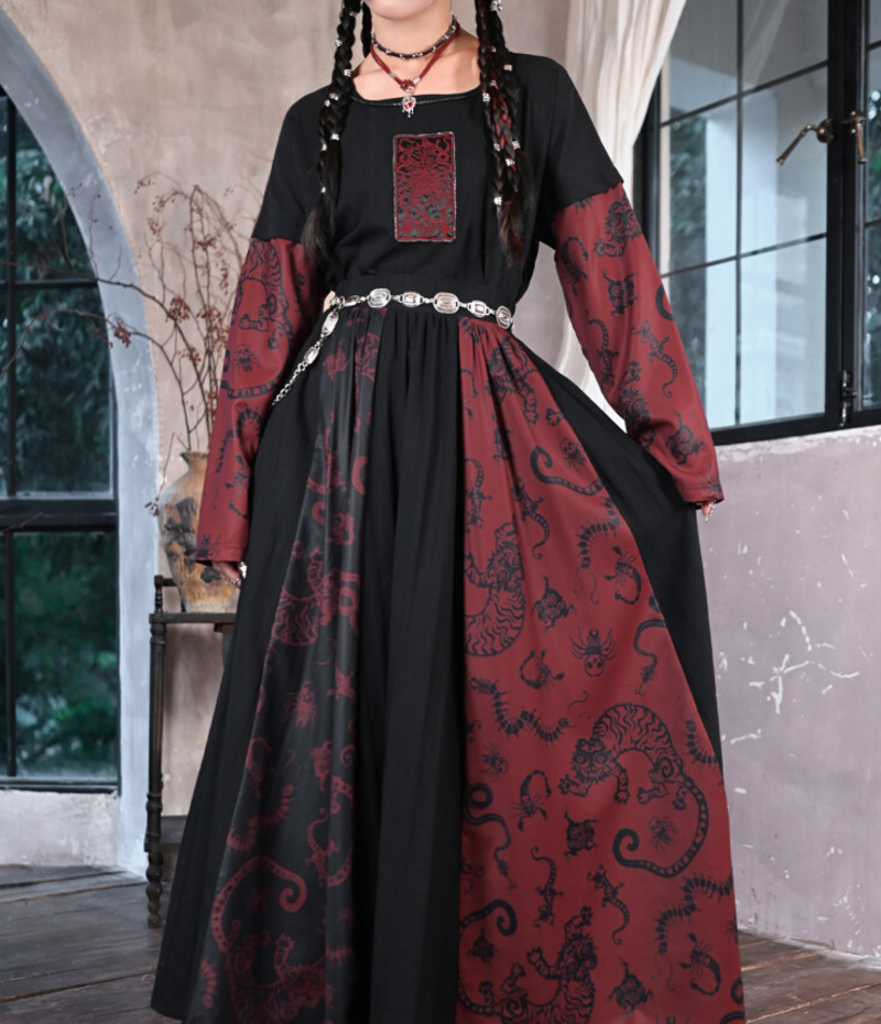 Anime Cosplay Red - 新改良国風ロングスカート 国風プリントデイリースカート フィエスタカーニバル ハロウィンコス コスプレ レッド
