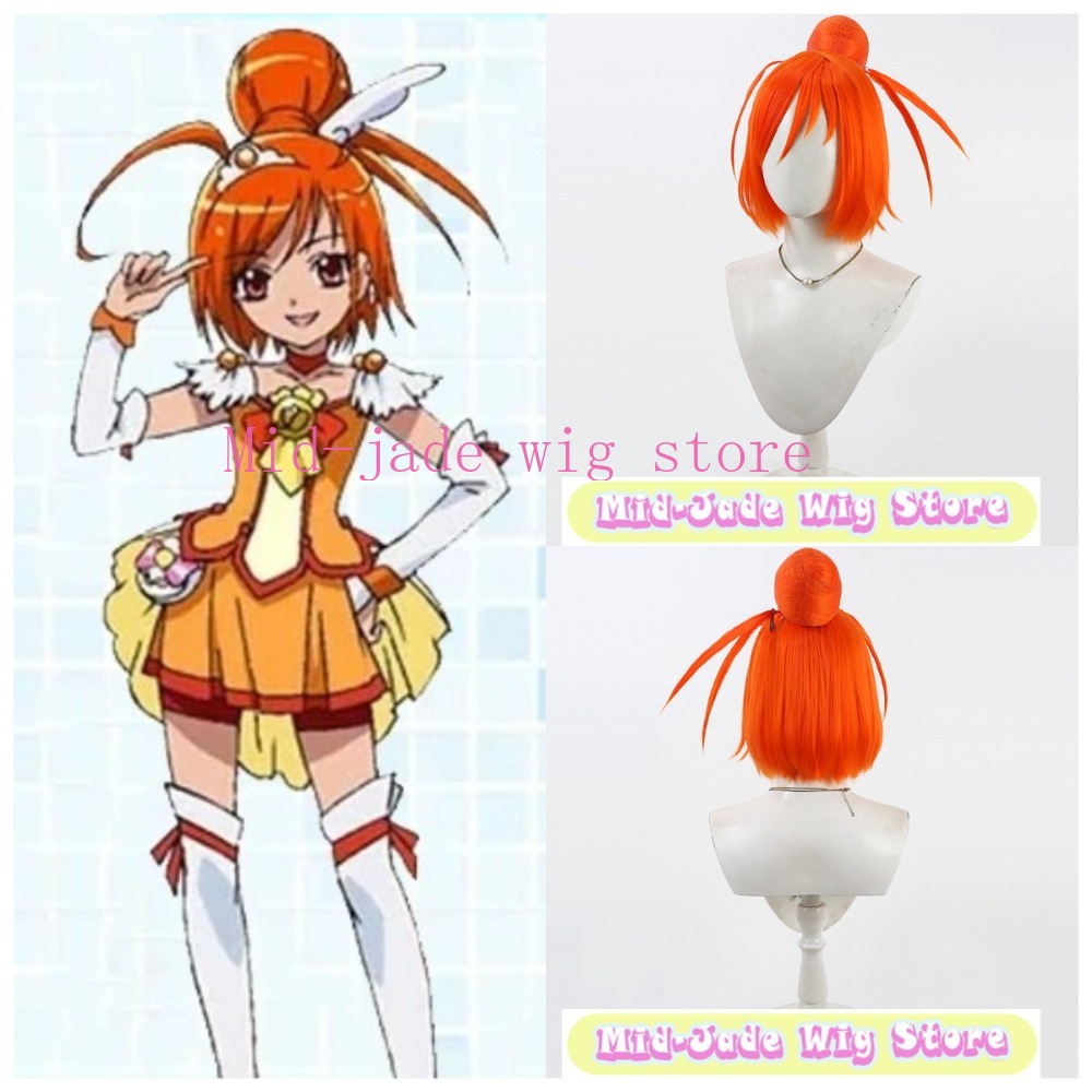 Anime Cosplay Orange Hair - スマイルプリキュア 火野明音 コスプレウィッグ 耐熱ファイバー オレンジ髪 取り外し可能なお団子付き