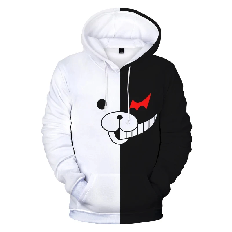 Anime Cosplay Shop - アニメダンガンロンパモノクマ黒白クマ 3D フード付きストリートウェアコスプレ女性男性カジュアルパーカースウェットシャツジャケットコートトップ