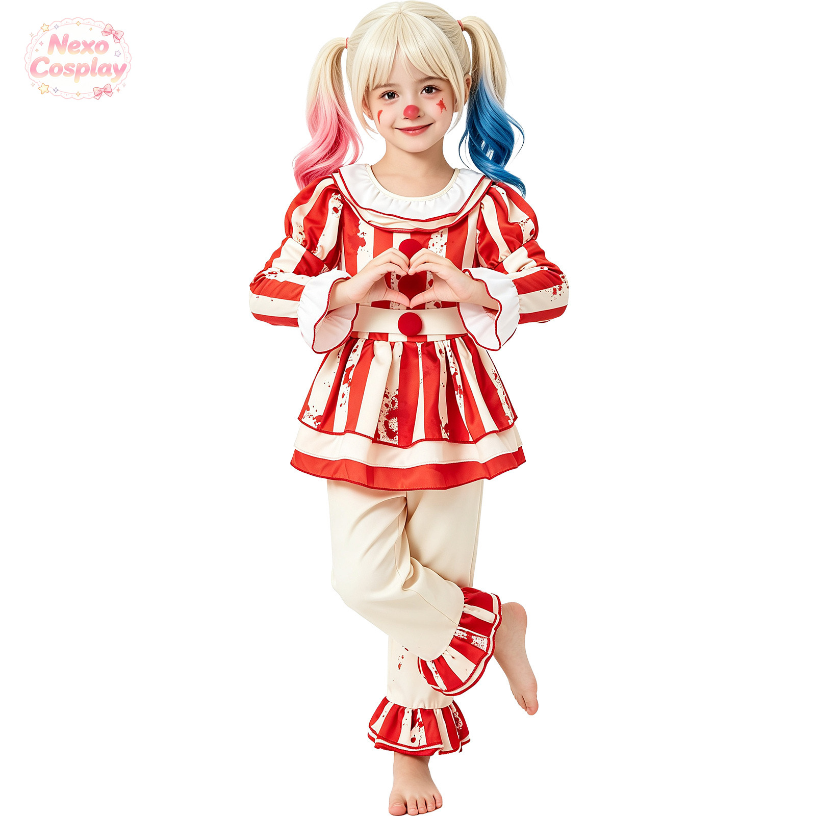 子供赤白ストライプホラークラウンスーツハロウィンコスプレ衣装 - Anime Cosplay Red のレビューと価格