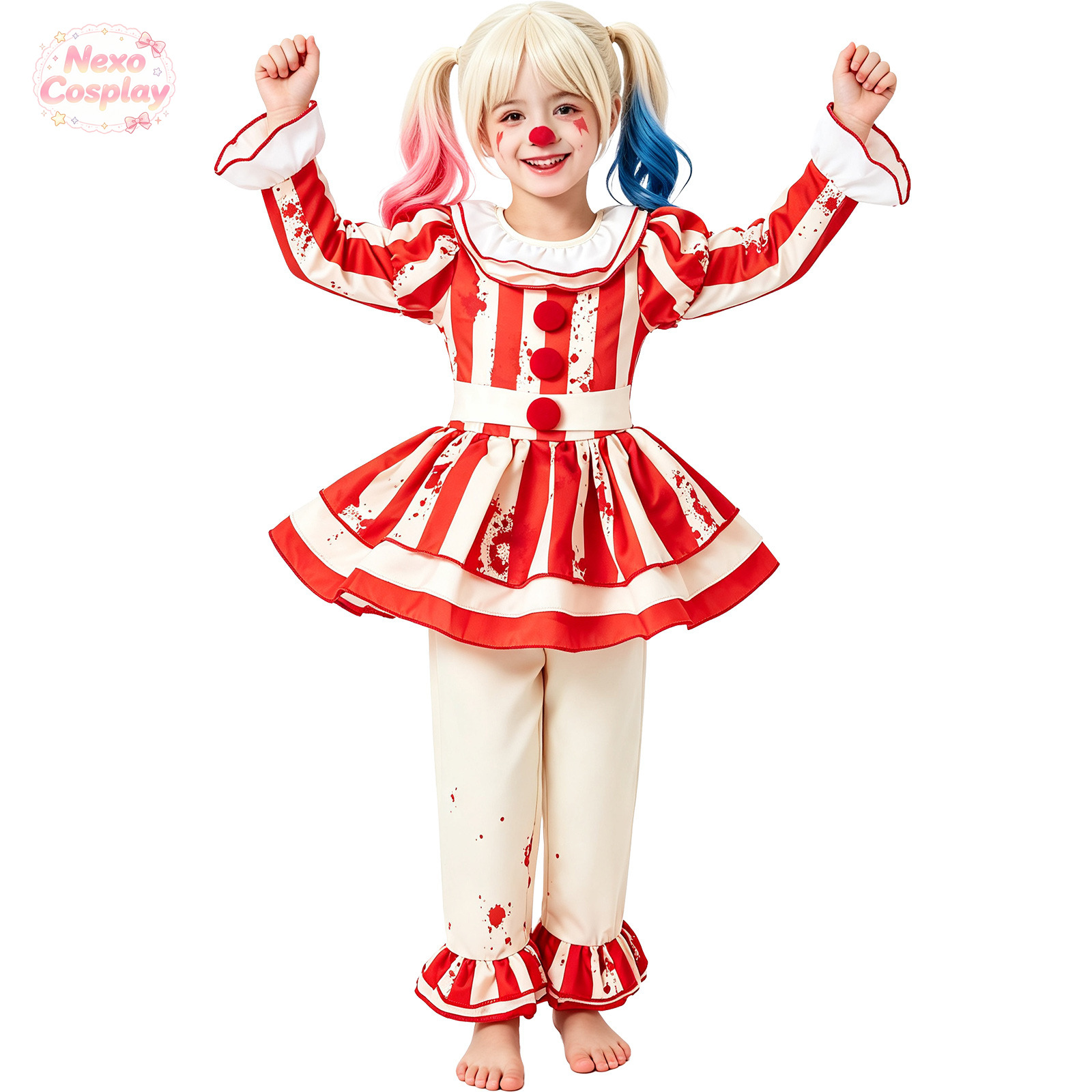 子供赤白ストライプホラークラウンスーツハロウィンコスプレ衣装 - Anime Cosplay Red のレビューと価格