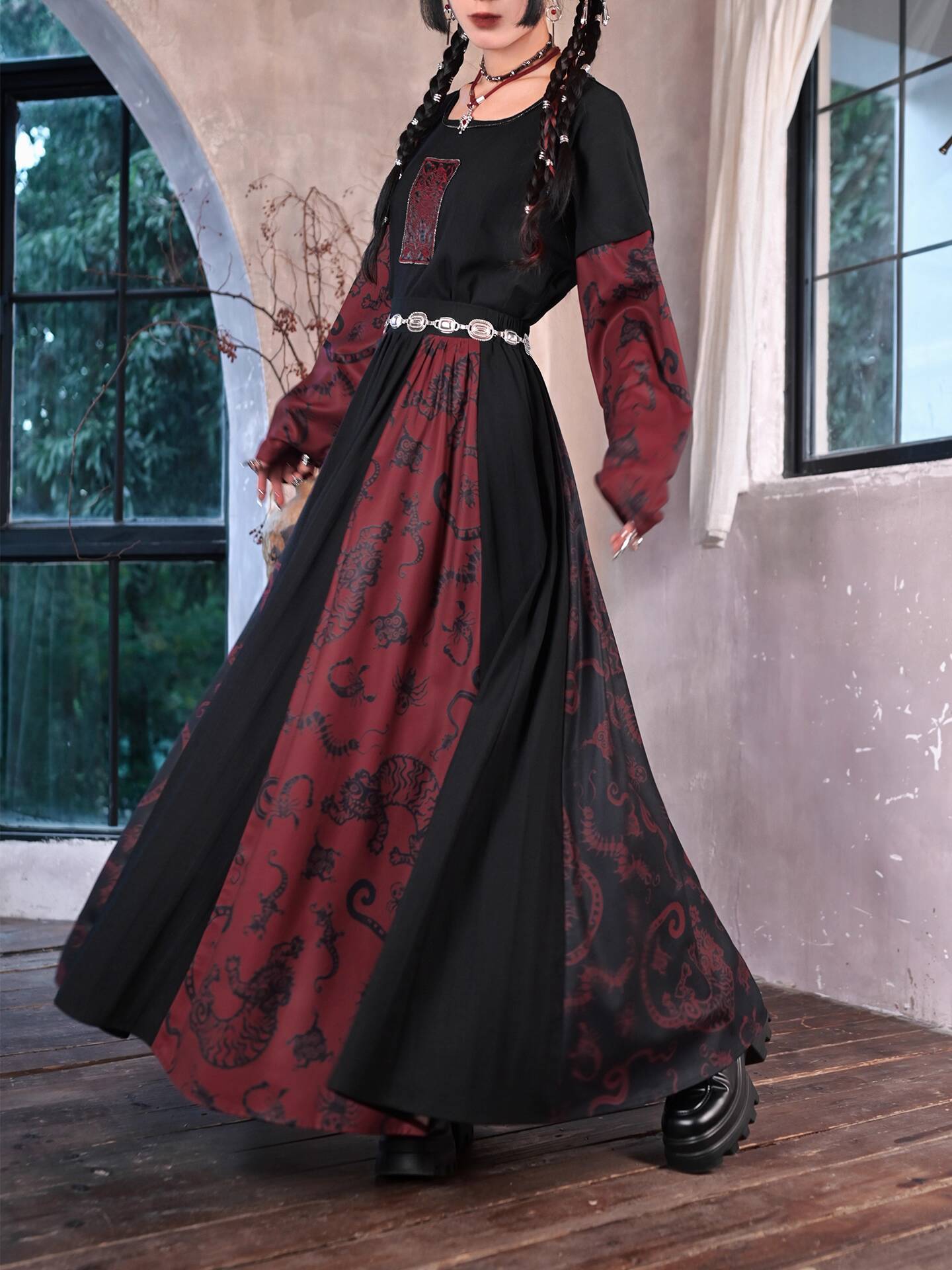新改良国風ロングスカート 国風プリントデイリースカート フィ - Anime Cosplay Red のレビューと価格